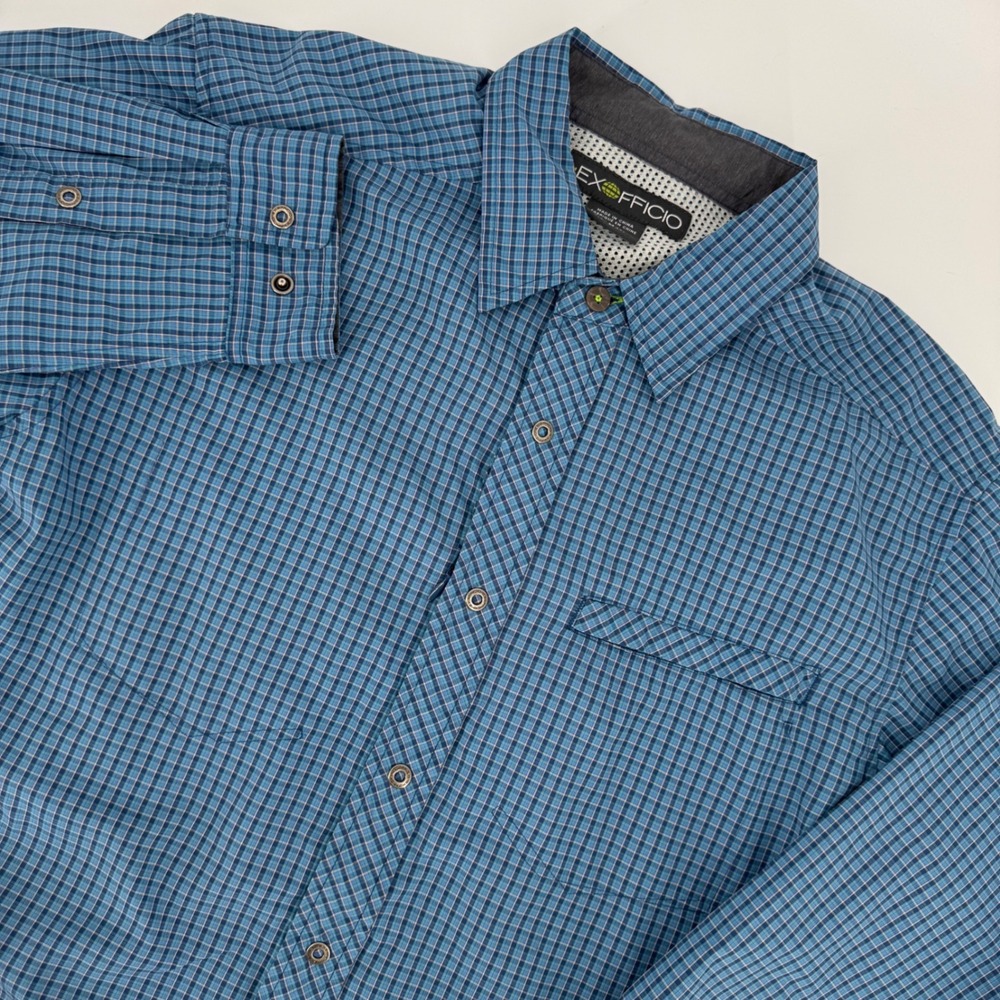 ExOfficio Mens Blue Plaid Long Sleeve Button Down Hiking Shirt Size Medium